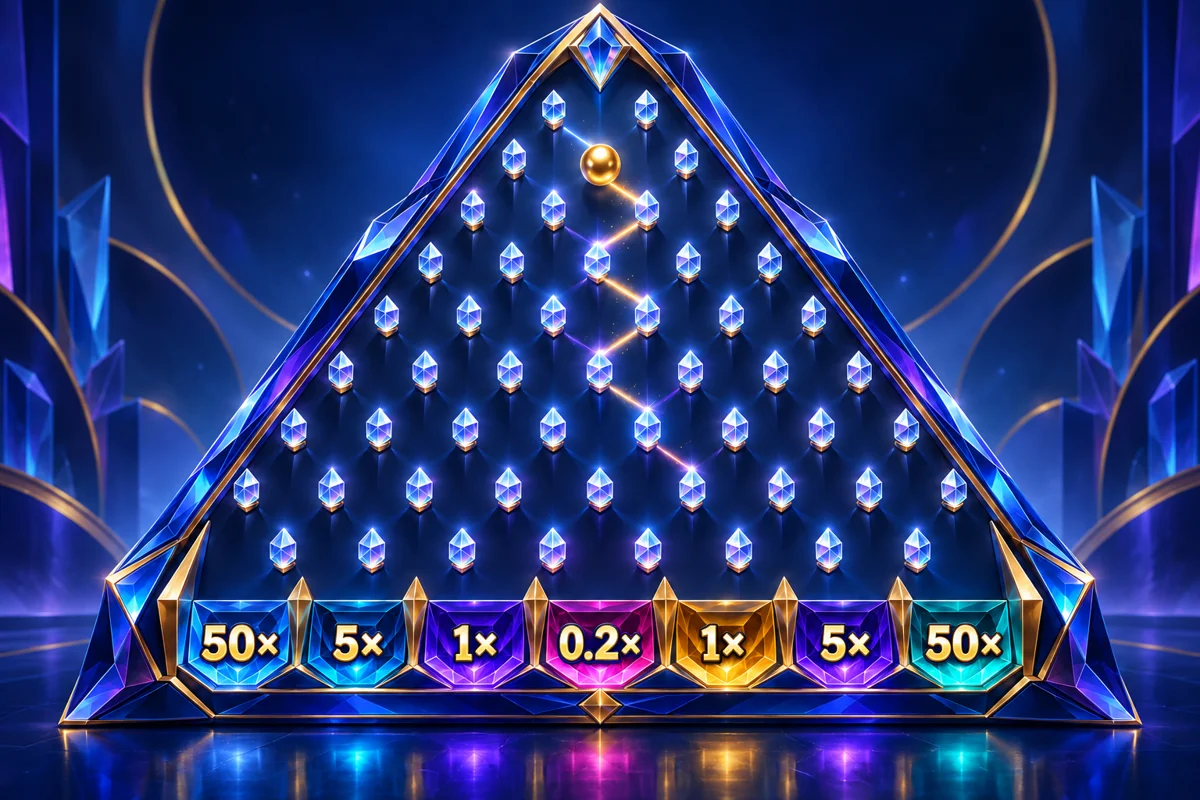 Prism Drop illuminated board with bottom pocket multipliers: 50×, 5×, 1×, 0.2×, 1×, 5×, 50×