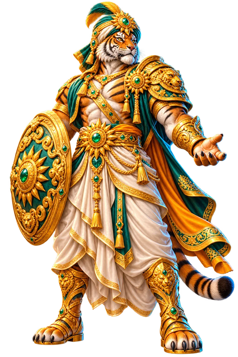 South-Asian-inspired tiger guardian in emerald and gold